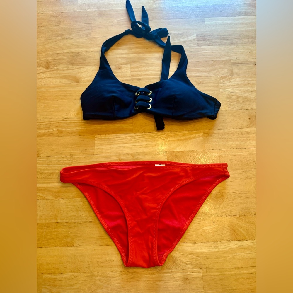 Abercrombie Swim Bikini Set | Size Small | Red Bottoms & Navy Halter Top